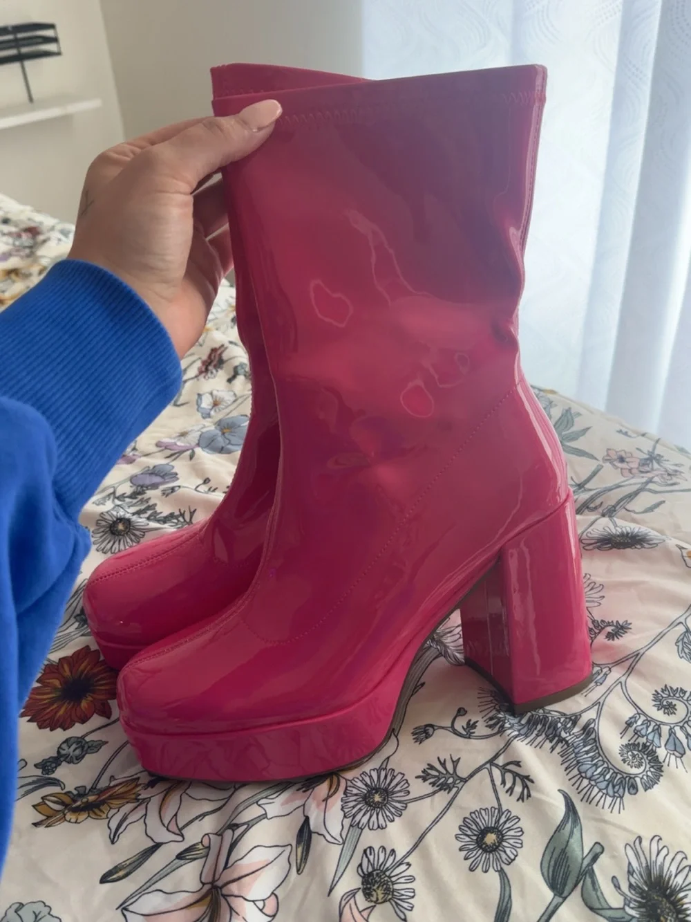 Hot Pink Patent Platform Block Heel Boots - Women